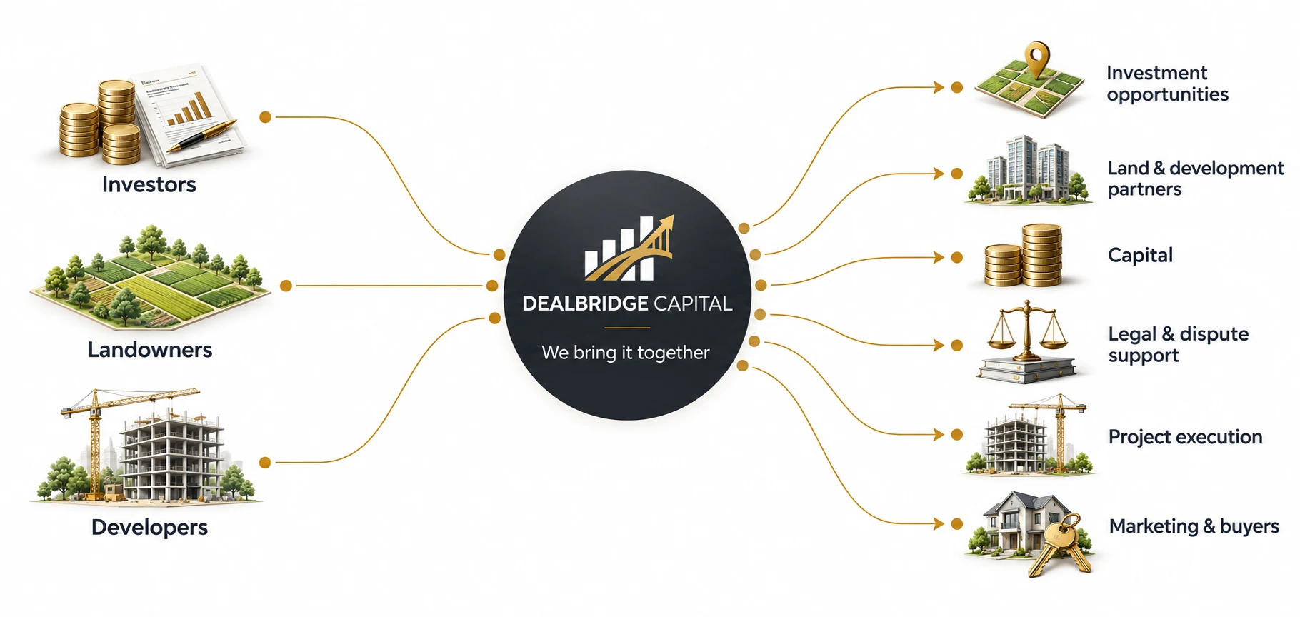 Investors, landowners and developers connect through DealBridge Capital to investment opportunities, land and development partners, capital, legal and dispute support, project execution, and marketing and buyers.